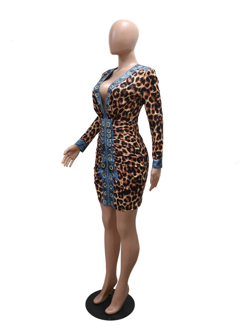 Deep V Neck Leopard Print Package Hip Dress