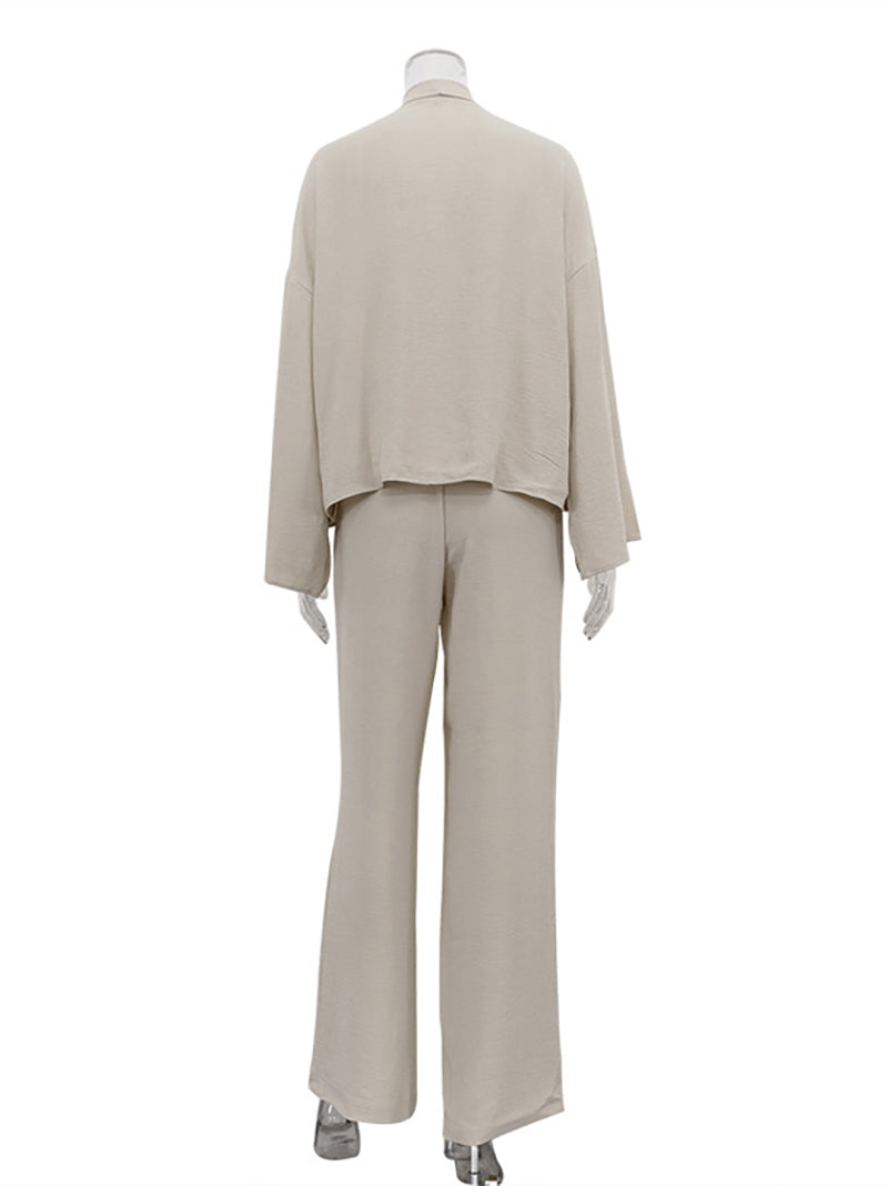 Casual V Neck Lace-up Shirt Wide Leg Pants Set