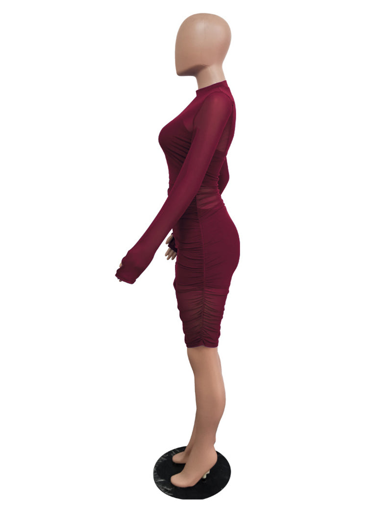 Sexy Sheer Mesh Ruched Bodycon Dress 3 Piece Sets