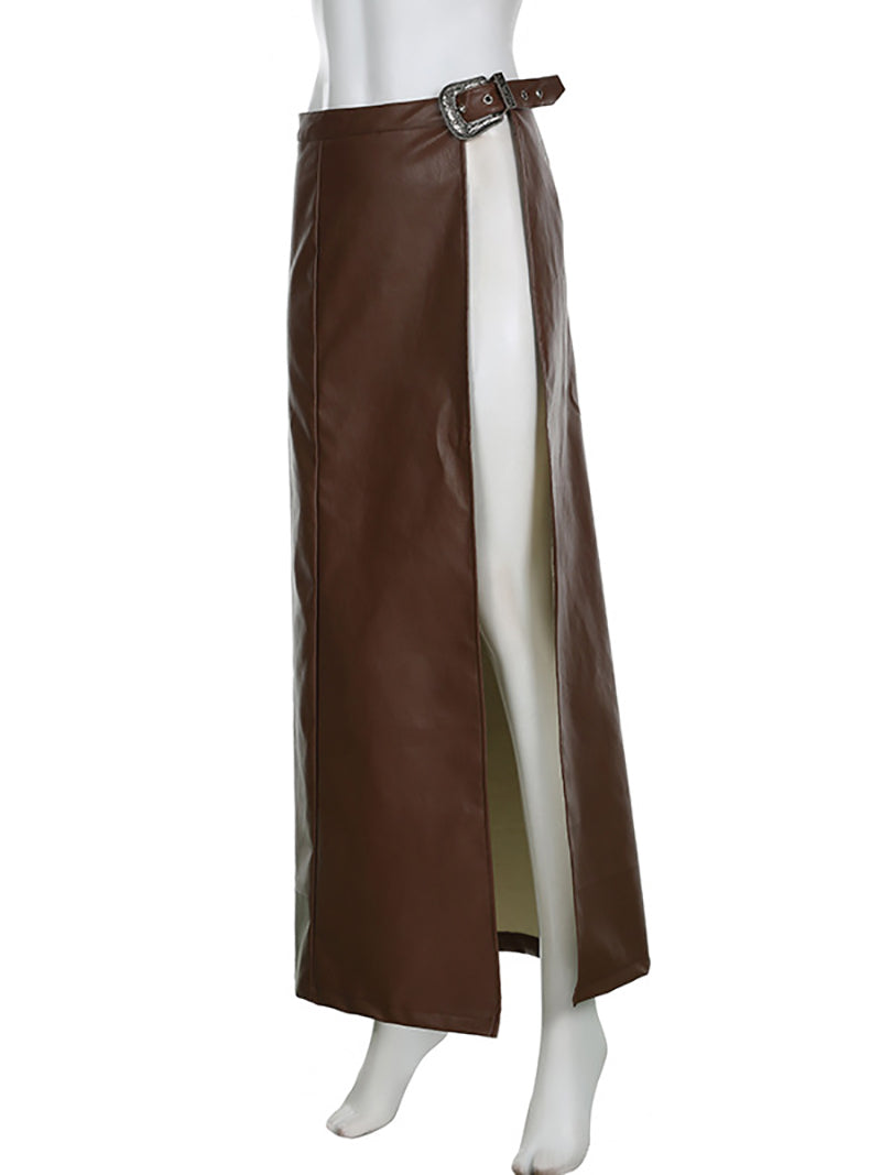 Sexy PU Leather High Slit Skirt