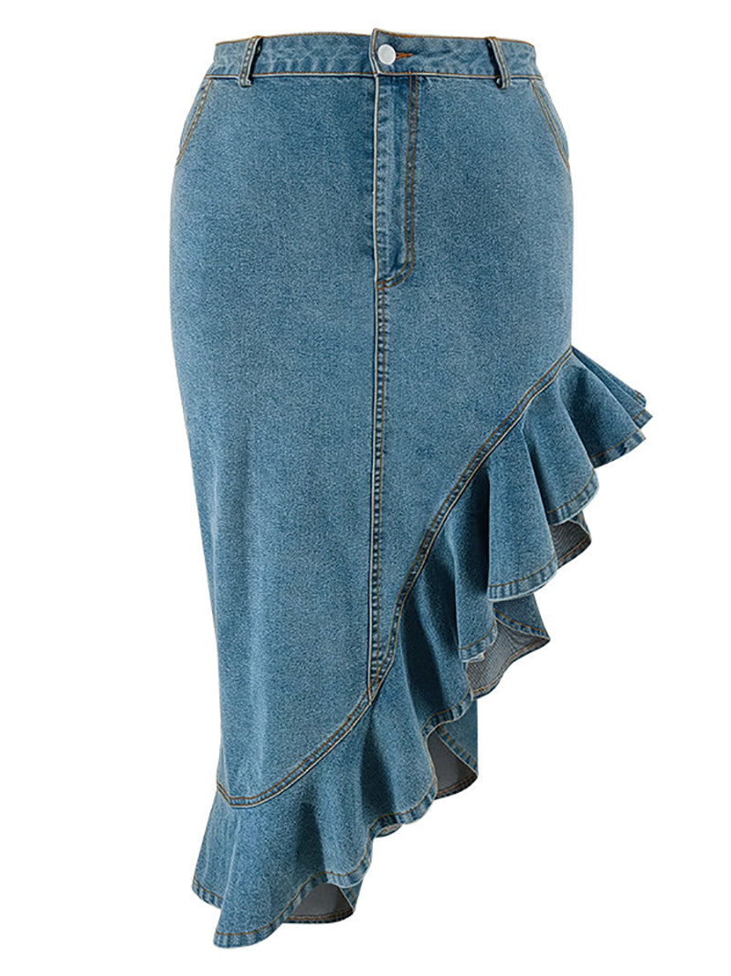 Plus Size High Waist Ruffles Denim Skirt