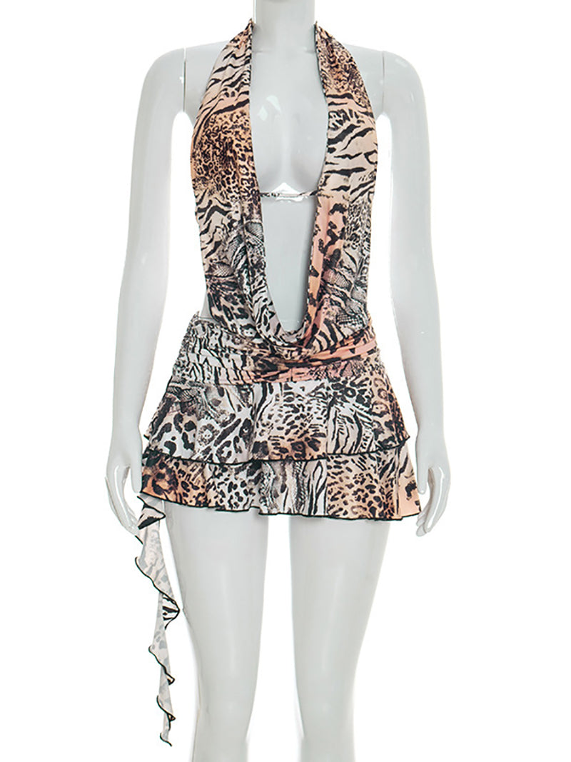 Sexy Leopard Print Halter Patchwork Bodycon Dress
