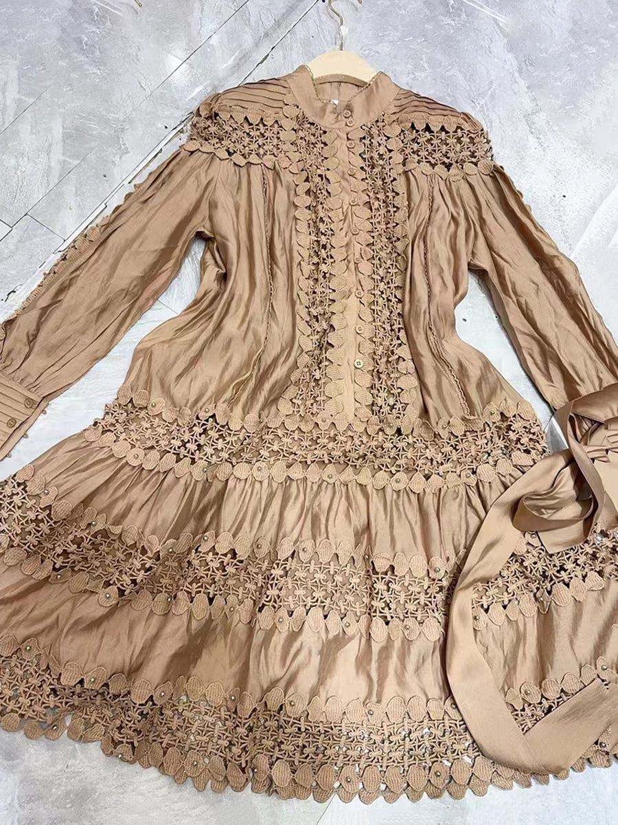 Elegant Embroider Hollow out Lace-up Midi Dress