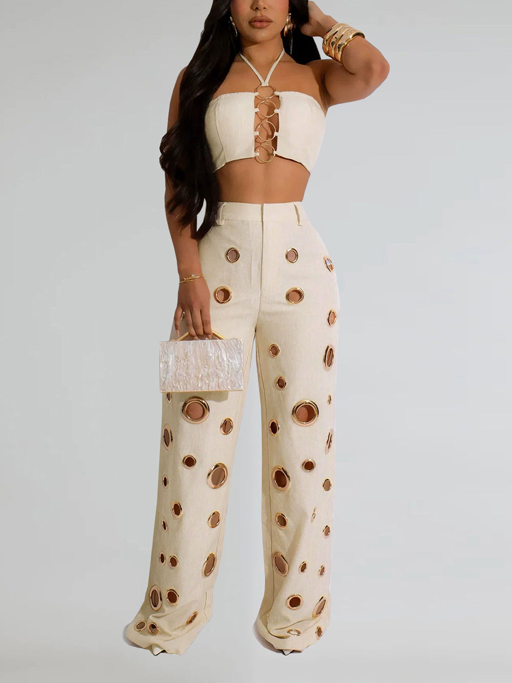 Sexy Backless Crop Top and Wide Leg Pants 2-Piece Sets