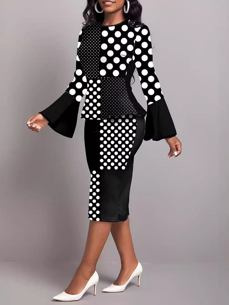 Elegant Long Sleeve Polka Dot Print Pencil Dress