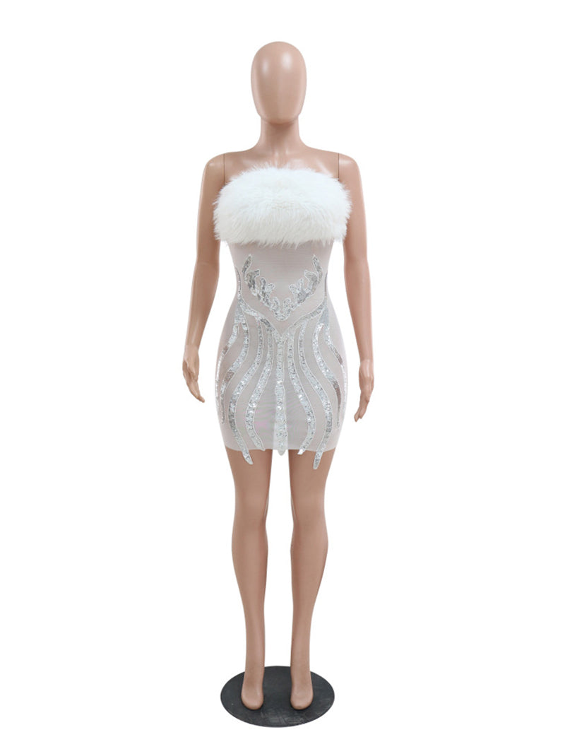 Sequin See through Feather Strapless Dress