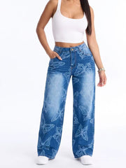 Butterfly Print High Waist Wide Leg Jeans