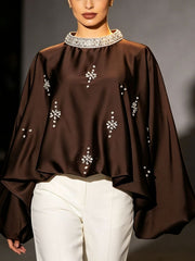 Embellished Neckline Draped Long Sleeve Blouse