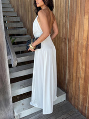 Chic Halter Neck Backless Top Ruched Wide-leg Pants Set
