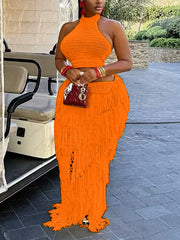 Sexy Knit Sleeveless Crop Top And Tassels Long Skirt Set