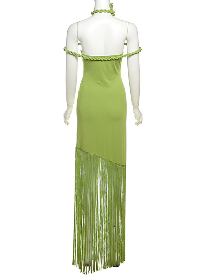 Sexy Fringe Trim Hollow Out Twist tie Halter Maxi Dress