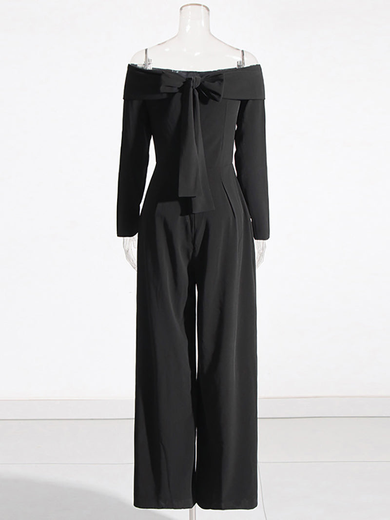 Elegant Folded Off Shoulder Bow Tie Back Slim Jumpsuit
