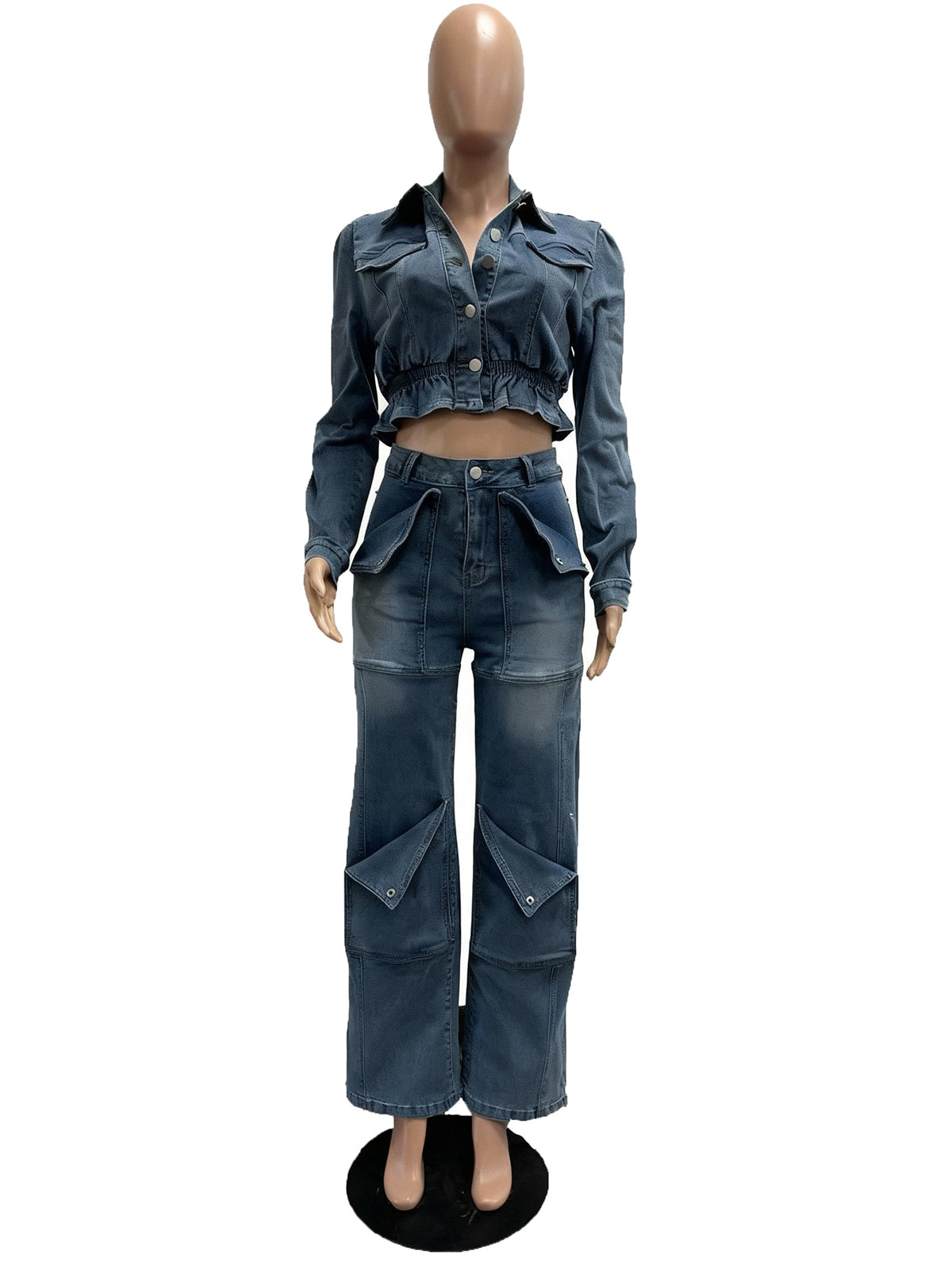 Casual Cinched Waist Crop Jacket Cargo Jeans Set