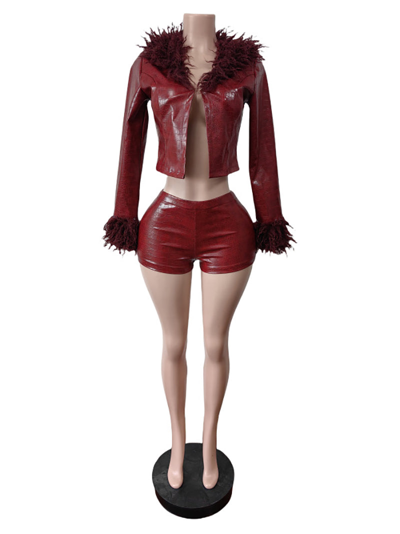 Vintage Faux Leather Crop Top Shorts Two Piece Set