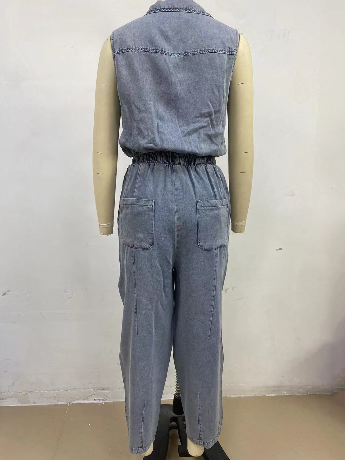 Sleeveless Drawstring Waist Washed Denim Jumpsuit