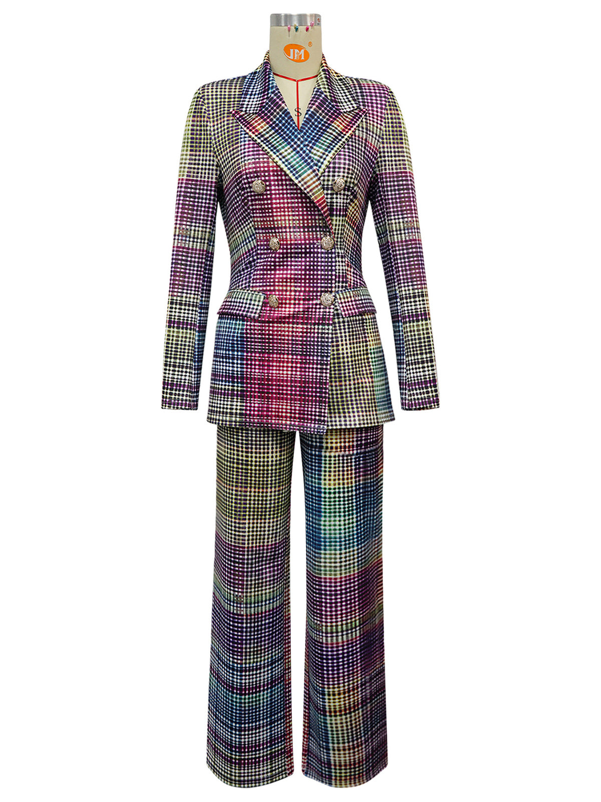 Fashion Plaid Print Slim Blazer Pants Suit