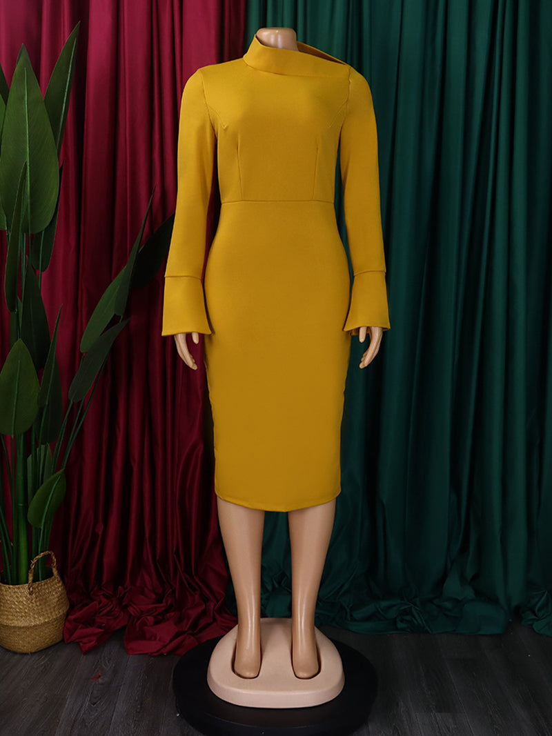 Fashion Oblique Collar Solid Bodycon Midi Dress