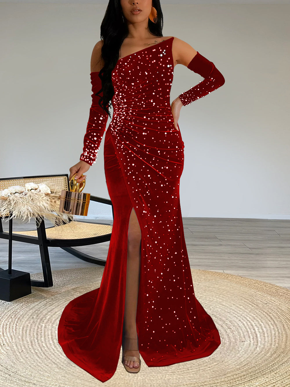 Sexy Off Shoulder Beading Slit Maxi Dress Gown