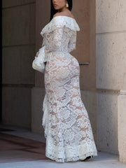 Sexy Floral Lace See Through Ruffled Maxi Dress