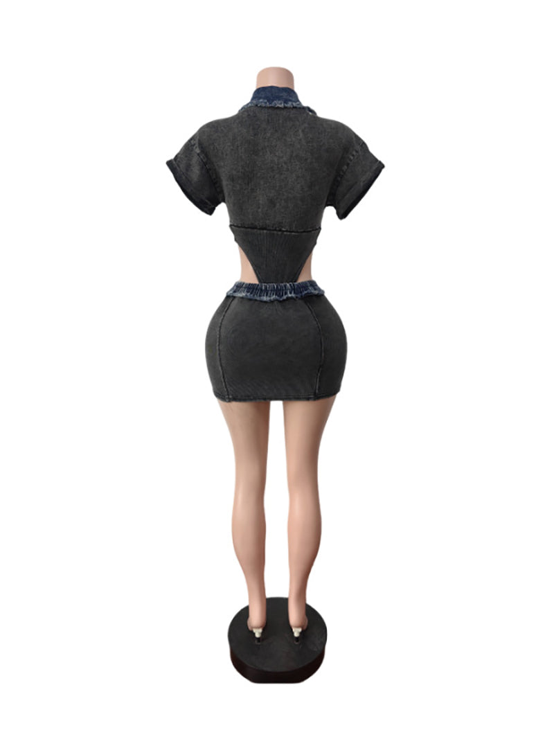 Retro Denim Lapel Bodysuit Skirt Sets