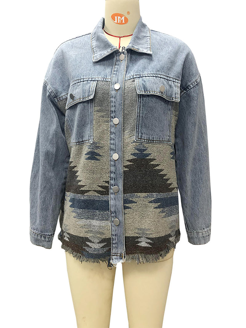 Fashion Denim Patchwork Contrast Aztec Jacket
