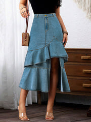 Fashion Ruffle Trim Split Hem Denim Skirt