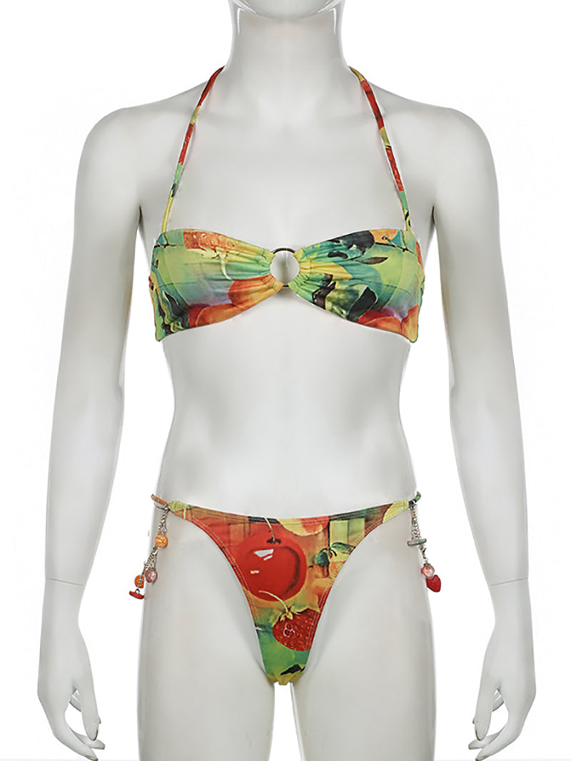 Floral Knot Detail Halter Thong Bikini Swimsuit