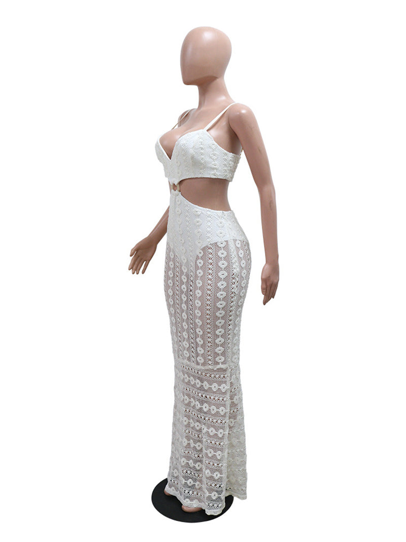 Sexy Hollow Out Lace See through Club Maxi Dress