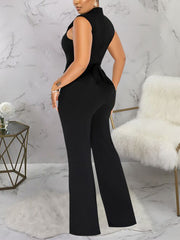 Solid O Neck Sleeveless Wide Leg Pant Jumpsuit