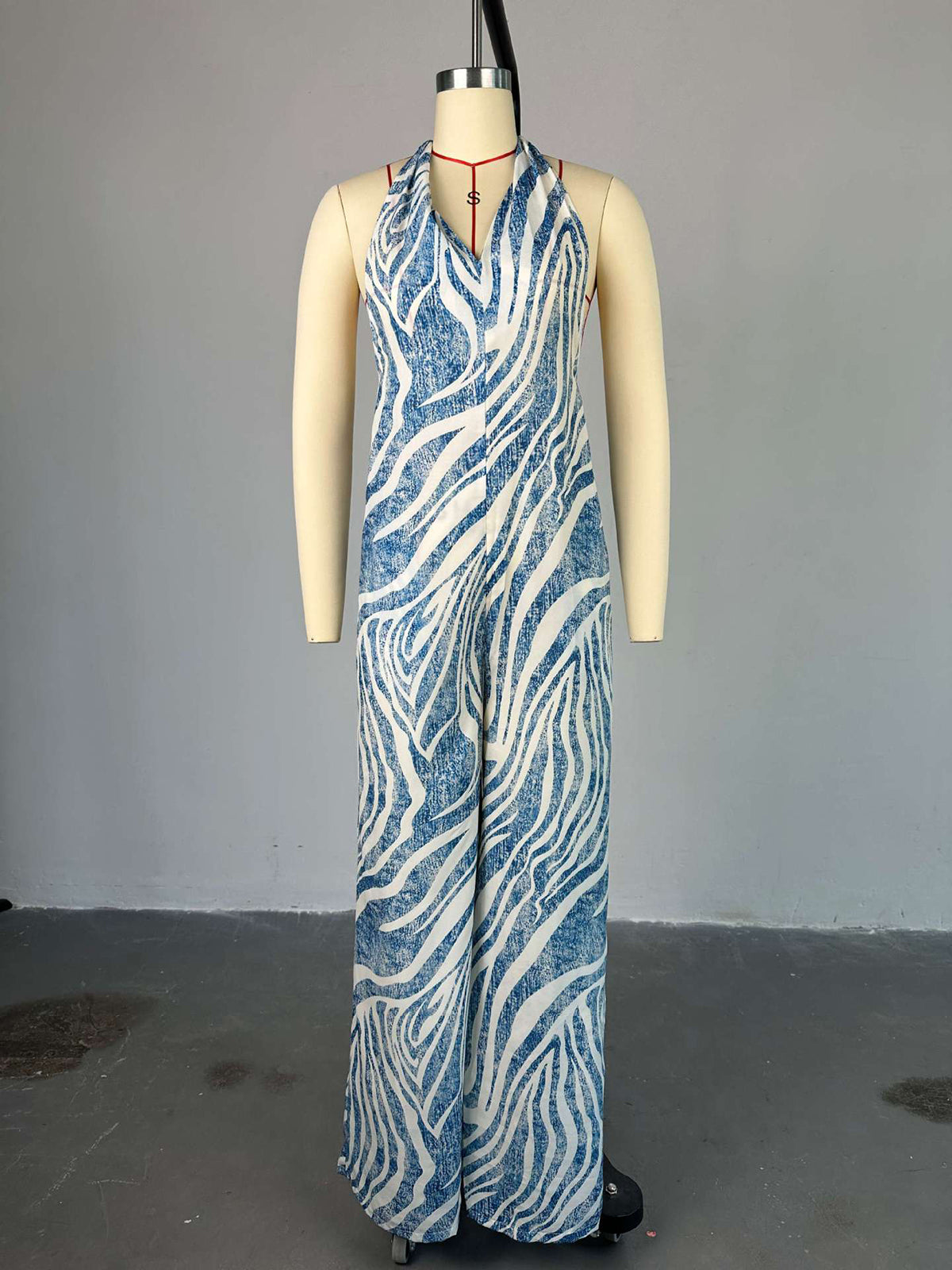 Zebra Print Halter Backless Wide Leg Jumpsuit