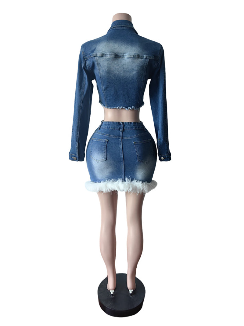 Casual Stretchy Denim Jacket and Skirt Two-Piece Set