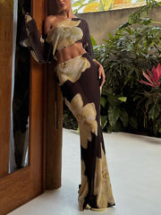 Sexy Print Mesh Off Shoulder Top Maxi Skirt Set