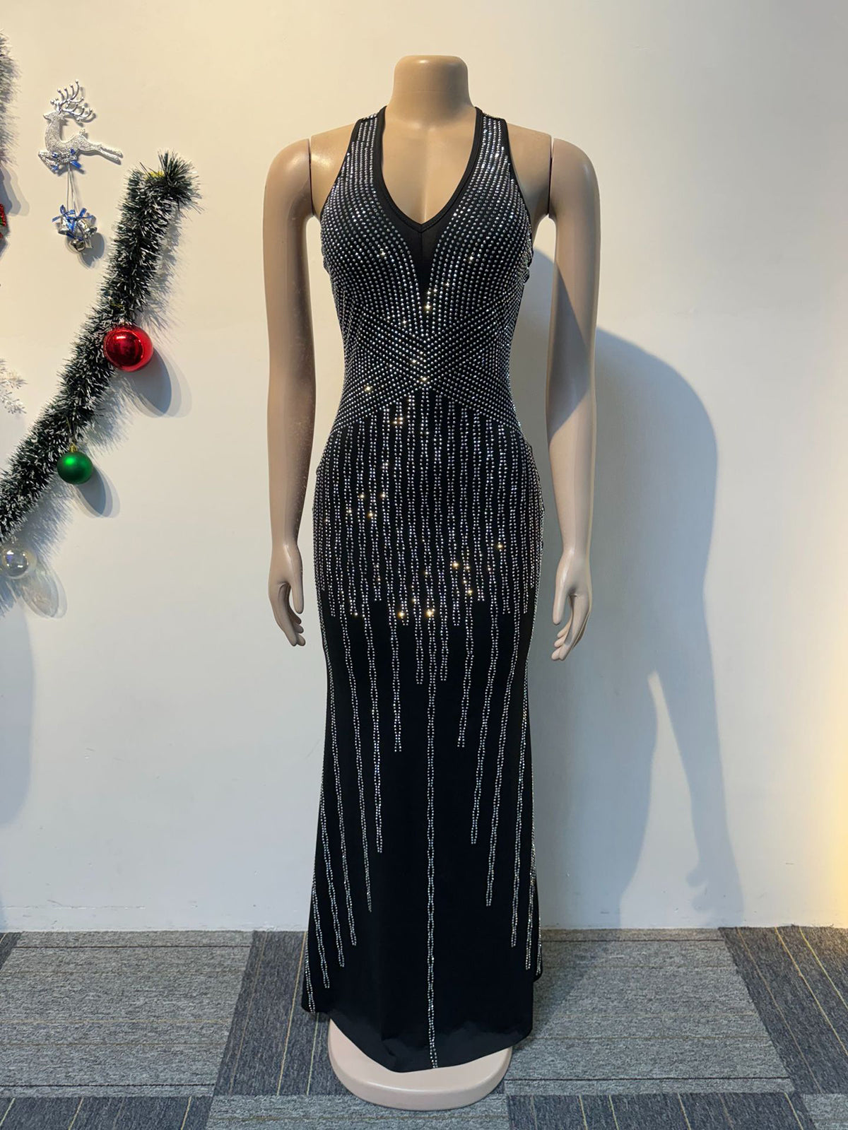 Deep V-Neck Vertical Line Rhinestone Maxi Dress