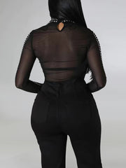 Sexy Rhinestone See-through Tops Wide Leg Pants Sets