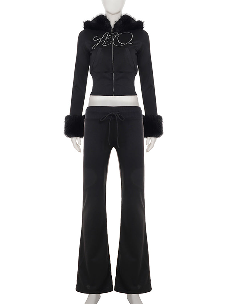 Fur-Trimmed Rhinestone Hoodie Trousers Two Piece