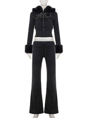 Fur-Trimmed Rhinestone Hoodie Trousers Two Piece