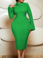 Fashion Oblique Collar Solid Bodycon Midi Dress