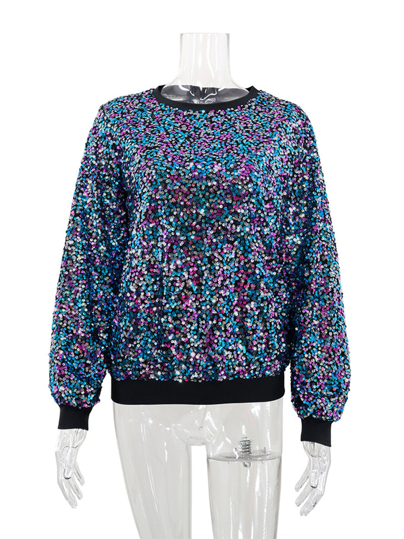 Rainbow Sequin Round Neck Pullover Top