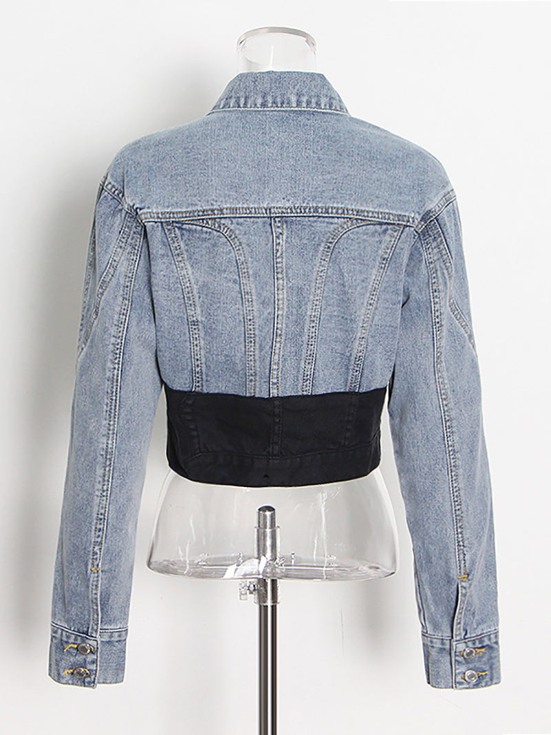 Fashion Patchwork Cropped Denim Jacket Jeans Set