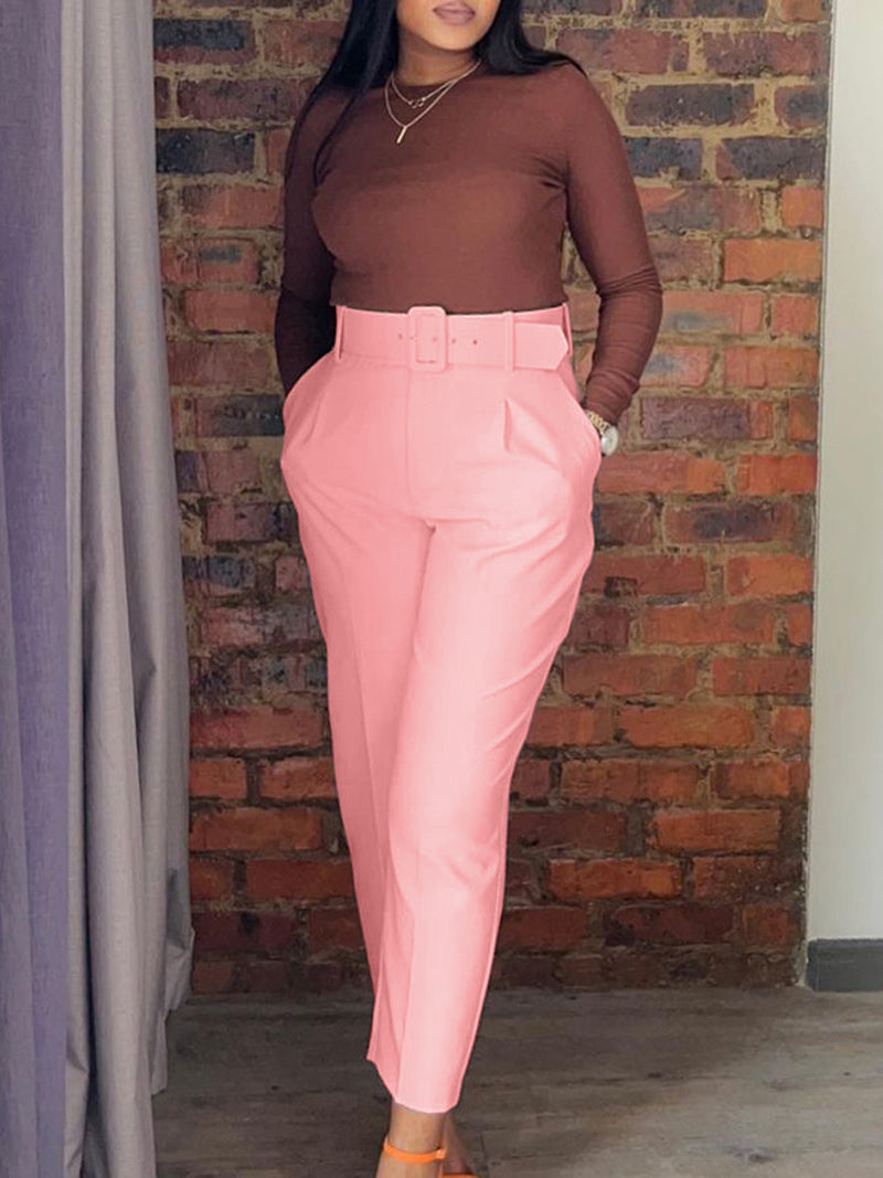 Elegant High Waist Straight Pants With Belt
