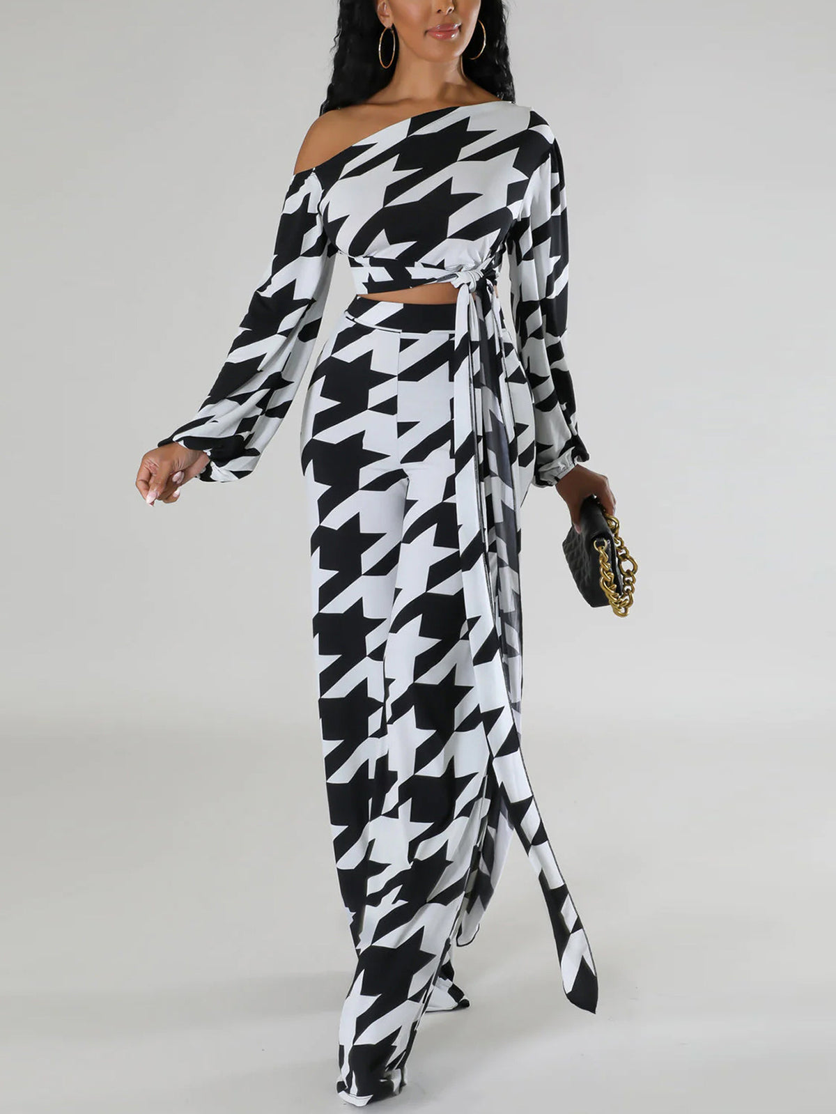 Print Sloping Shoulder Top Trousers Suit