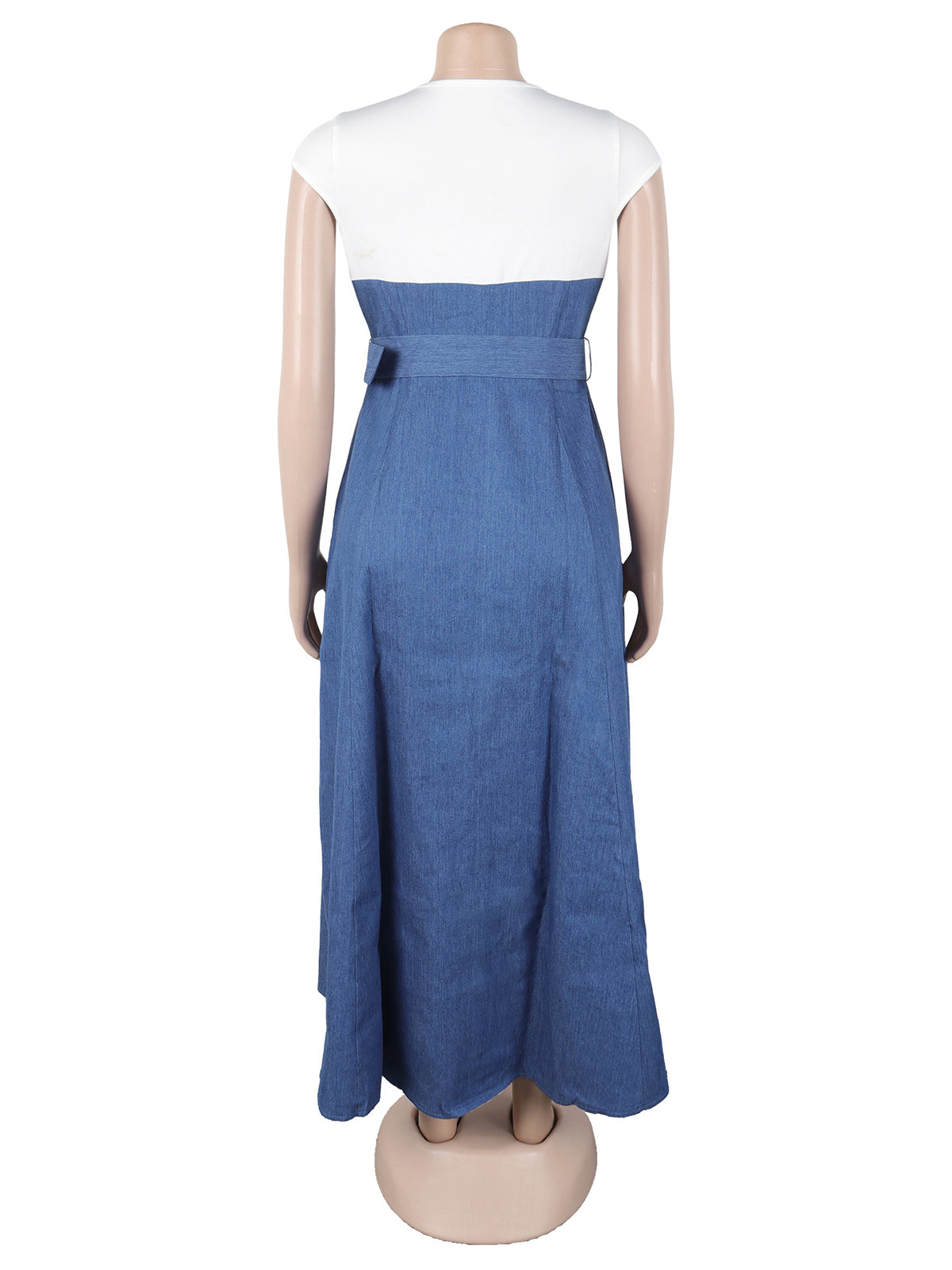 Casual Denim Patchwork Cinched Waist Maxi Dress