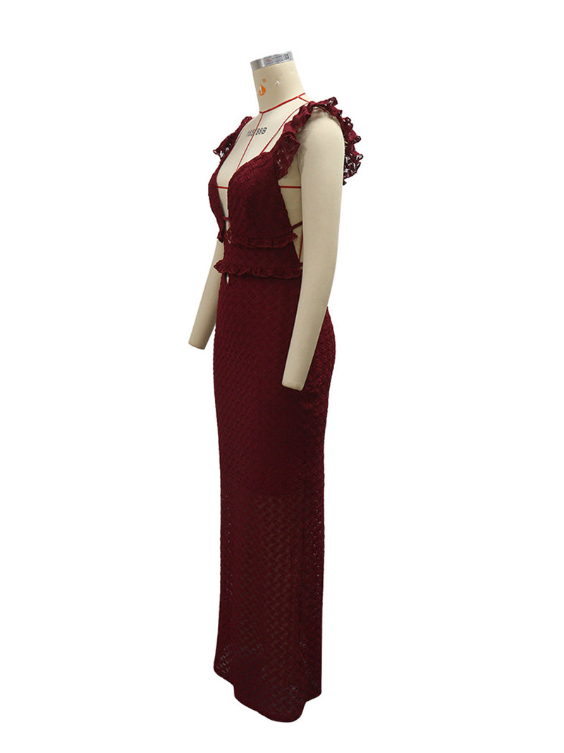 Sexy Lace Backless Ruffles Sleeveless Maxi Dress