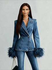 Feather Trim Tailored Denim Jacket for Women
