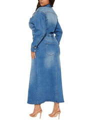 Solid Patchwork Turndown Collar High Waist Denim Dress