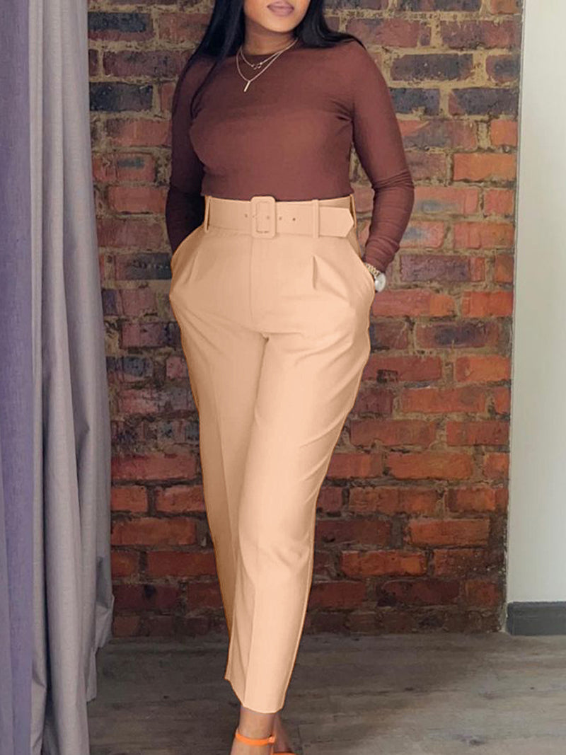 Elegant High Waist Straight Pants With Belt