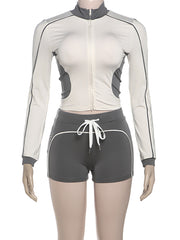 Casual Zipper Cropped Top And Shorts Sporty 2piece Set