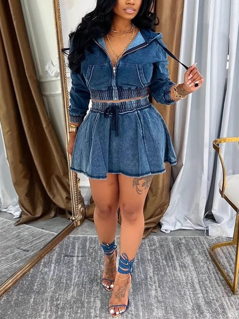 Fashion Hooded Denim Jacket and Mini Skirt Set