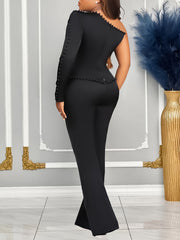 Sloping Shoulder One Sleeve Straight Pants Set