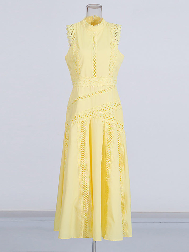 Elegant Sleeveless Hollow Cinched Waist Midi Dress